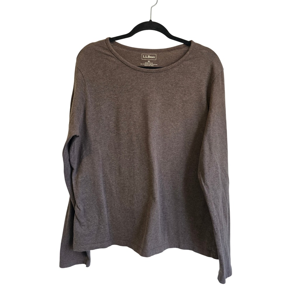 LL Bean Womens XL Brown Heathered Cotton Lycra Long Sleeve Crew Neck Tee Shirt